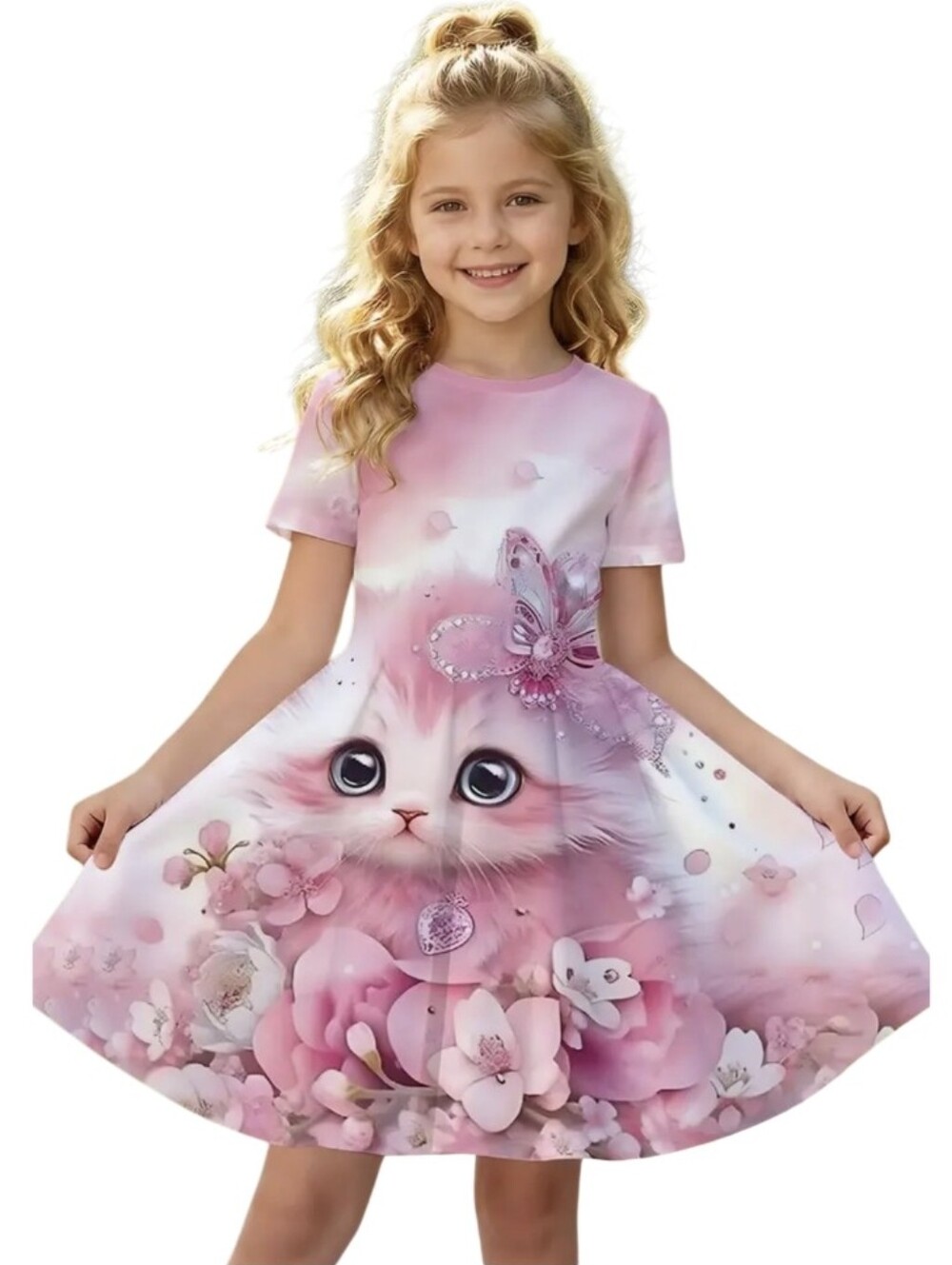 Pink Floral Cat Print Kids Dress